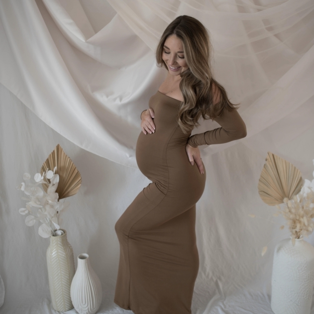 Bumpsuit Comfortable Elegant Brown Off-Shoulder Maternity Dress - Picture 2 of 3